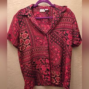 Tanjay Retro Luxury Paisley & Floral Blouse | Red & Black | Vintage Size 10